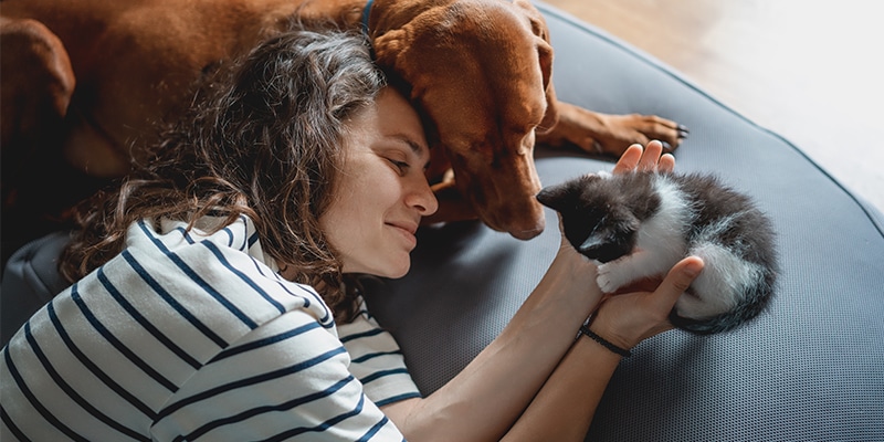 Photo Of A Woman With A Dog While Holding A Kitten.