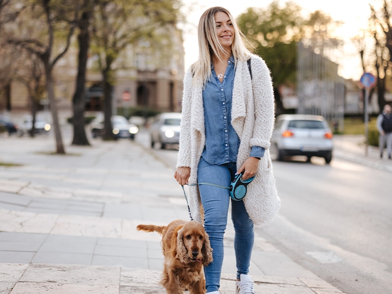 Telise Galanis and a dog walking on a sidewalk